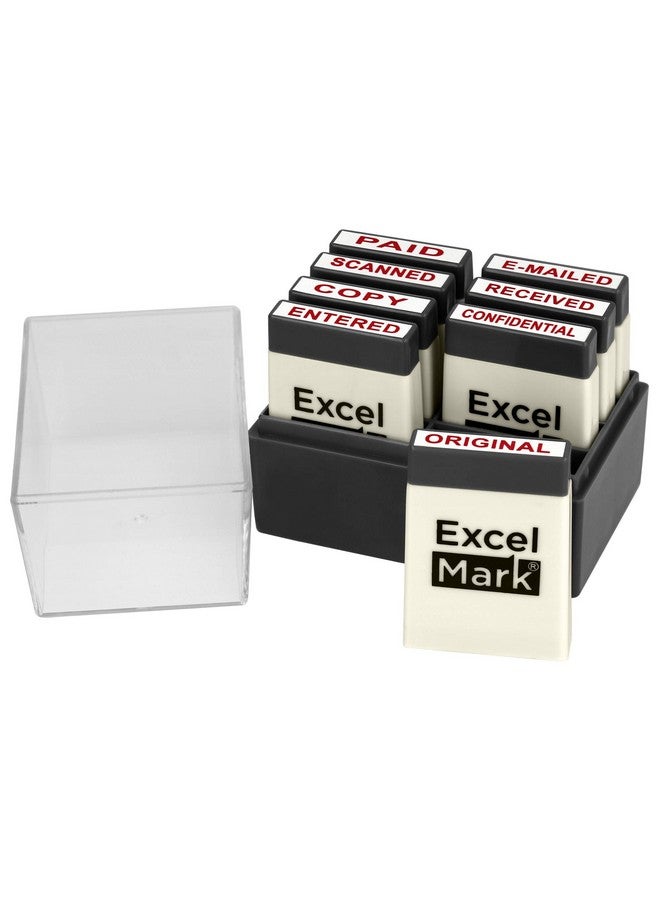 ExcelMark Mini Office Message Rubber Stamp Set Red Ink Storage Tray Included - Image 1