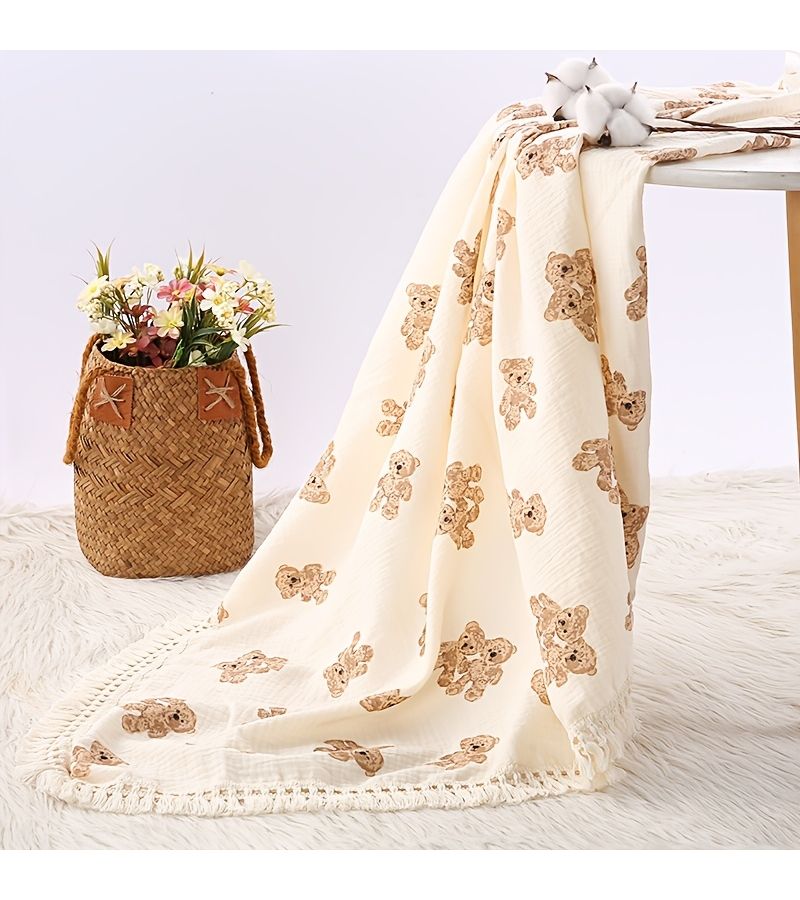 Double Bear Soft Double Layered Cotton Baby Blanket 39 37 by 51 18 inch with Fringes Perfect for Stroller Use - Image 1