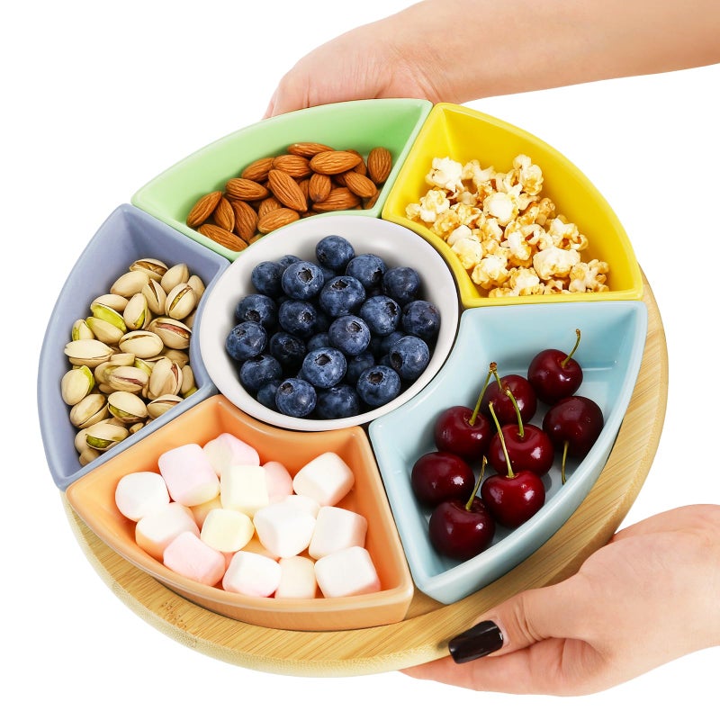 AVLA 11" Ceramic Divided Serving Dishes, Lazy Susan Party Appetizer Platter, 6 Removable Snack Bowl with Rotatable Bamboo Tray, Porcelain Relish Tray for Chips and Dips, Candy, Nut, Condiment, Veggie - Image 3