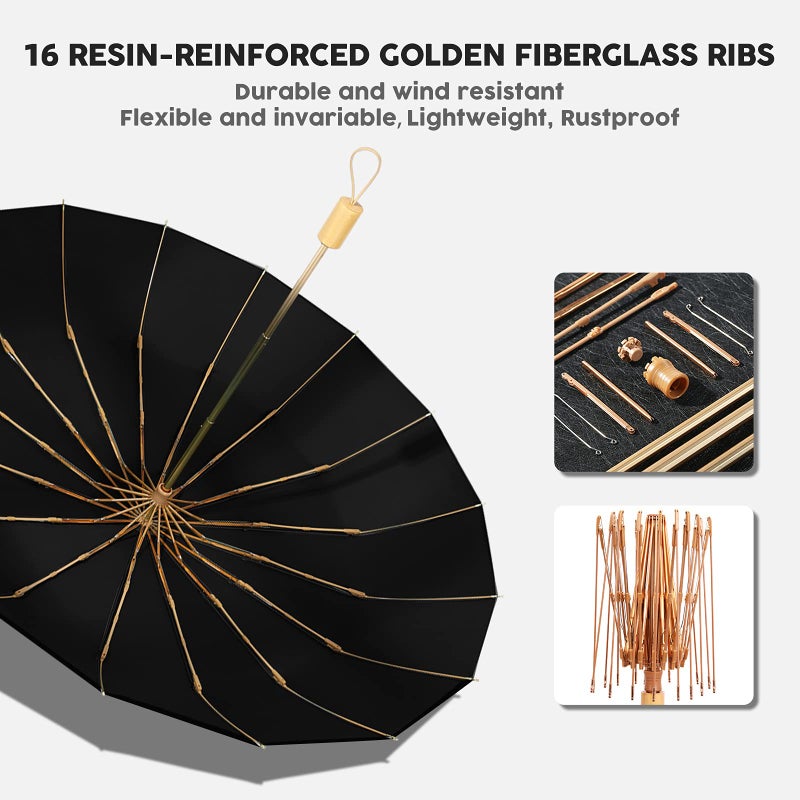 Sun/Rain Compact Umbrella, UPF 50 UV Protection 16 Fibreglass Ribs Super Windproof Folding Umbrella Parasol, Sun Blocking Travel Golf UV Umbrella - Image 5