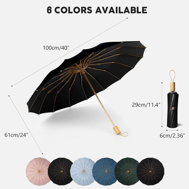 Sun/Rain Compact Umbrella, UPF 50 UV Protection 16 Fibreglass Ribs Super Windproof Folding Umbrella Parasol, Sun Blocking Travel Golf UV Umbrella - Image 2