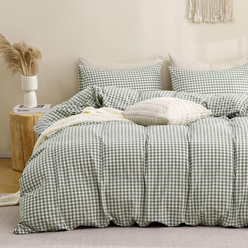 TOCOMOA Green Gingham Duvet Cover Bedding Set 100% Washed Cotton Like Linen Feel Super Soft Comfortable 3 Piece Vintage Plaid Checkered Comforter Cover Set (Queen 90"x90", Comforter Not Included) - Image 1