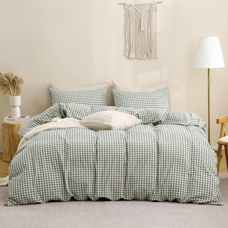 TOCOMOA Green Gingham Duvet Cover Bedding Set 100% Washed Cotton Like Linen Feel Super Soft Comfortable 3 Piece Vintage Plaid Checkered Comforter Cover Set (Queen 90"x90", Comforter Not Included) - Image 3