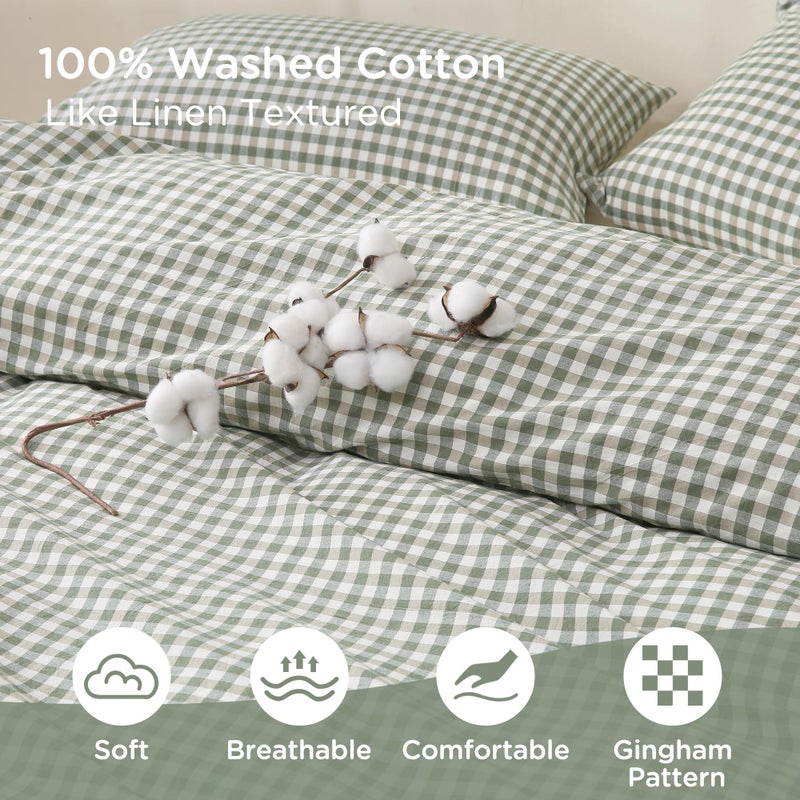 TOCOMOA Green Gingham Duvet Cover Bedding Set 100% Washed Cotton Like Linen Feel Super Soft Comfortable 3 Piece Vintage Plaid Checkered Comforter Cover Set (Queen 90"x90", Comforter Not Included) - Image 5