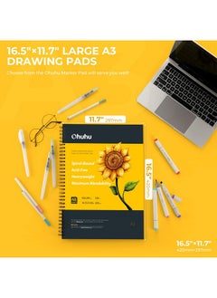 Ohuhu Ohuhu Marker Acrylic Pads Art Sketchbook,16.5"×11.7" Xl A3 Large Paper Size,120Lb/200Gsm Heavy Smooth Drawing Papers,48 Sheets/96 Pages,Spiral Bound Sketch Book,Specially Designed For Alcohol Markers  - Image 2