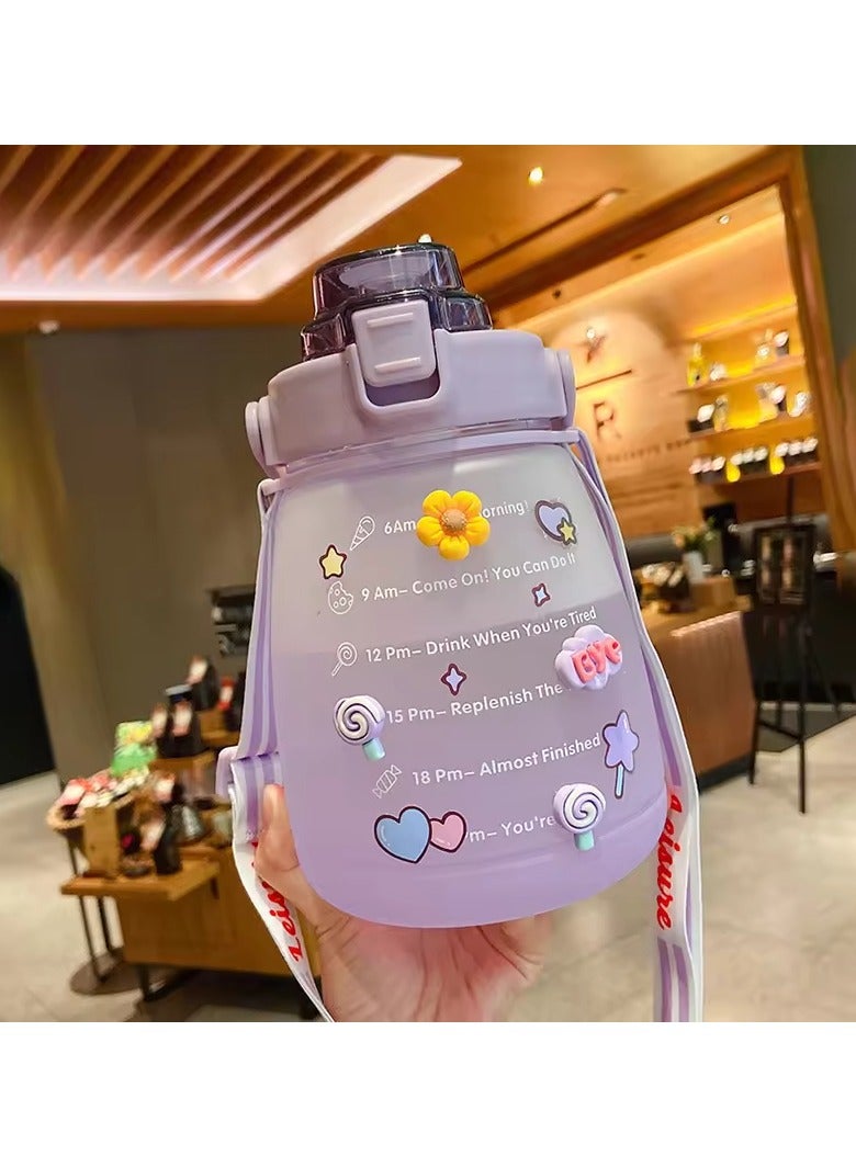 Exotic Glitz Big Belly Water Bottle 1.2l, Water Bottles with Times to Drink, with Straw, Shoulder Strap and 3d Stickers, For Kids School, Sport, Indoor & Outdoor (Purple) - Image 1