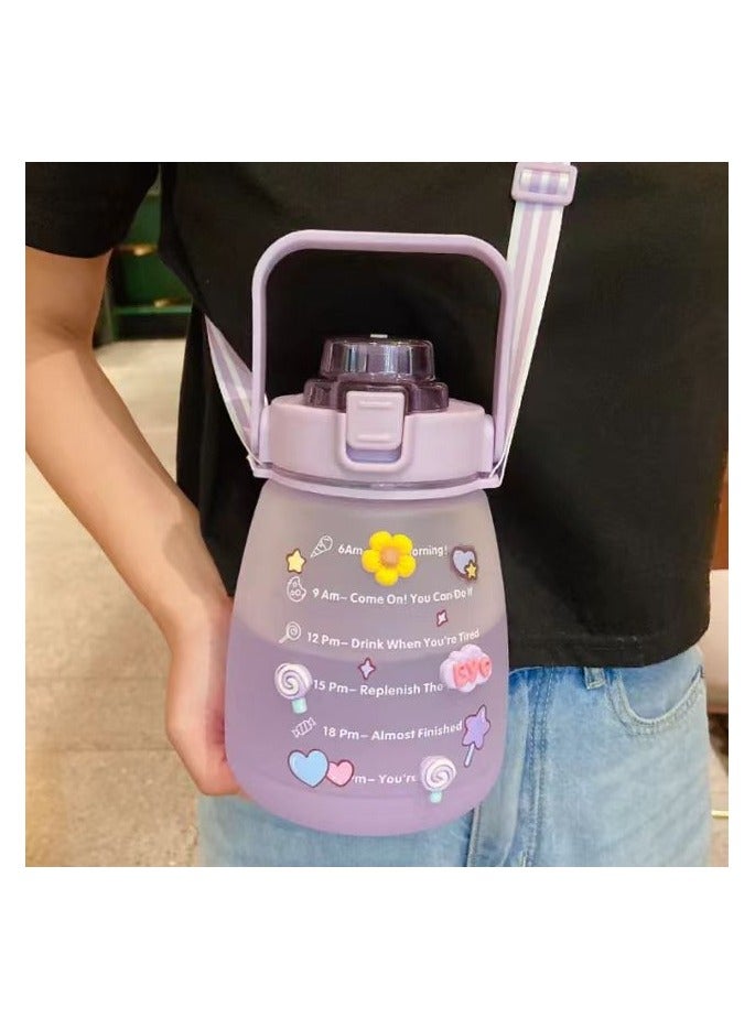 Exotic Glitz Big Belly Water Bottle 1.2l, Water Bottles with Times to Drink, with Straw, Shoulder Strap and 3d Stickers, For Kids School, Sport, Indoor & Outdoor (Purple) - Image 2