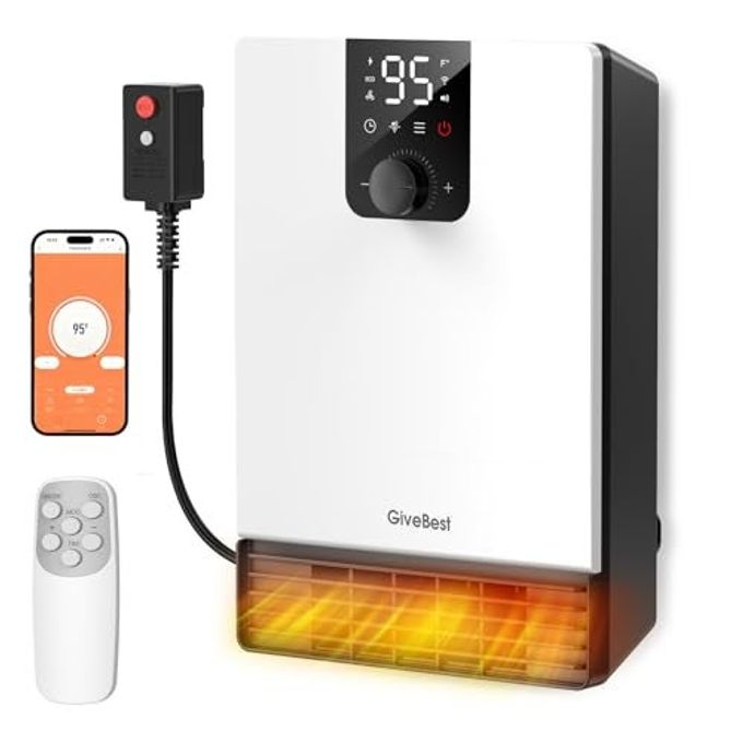 GiveBest Wall Heater for Bathroom, 1500W Fast Heating Electric Space Heater with ALCI Plug, Adjustable Thermostat, 3 Heating Modes, 24H Timer, Easy Mounted Heater for Indoor Use, Home, Office, White - Image 1