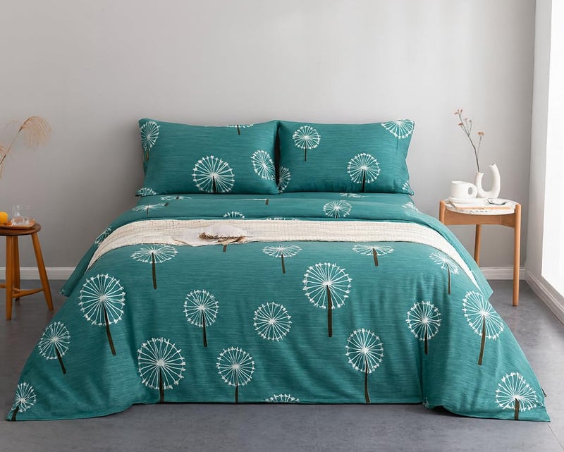 PRISCILLA 400 TC Super Soft Premium Cotton Super King Size Bedsheet for Double Bed with 2 Pillow Covers 108x108 Inch, Breathable Dandelion Print Flat Sheet Wrinkle-Resistant, Durable Fabric, Turquoise - Image 1
