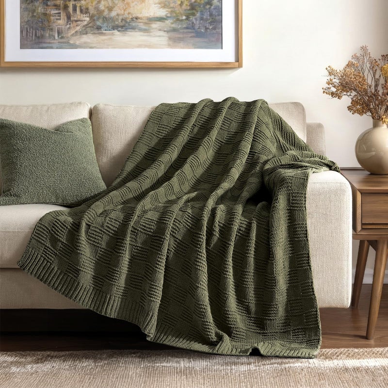 EVERGRACEHOME Modern Checkered Chenille Throw Blanket Soft Cozy Plaid Knitted Chair Blanket for Sofa Couch Decorative Knit Throw for Bed and Living Room Olive Green 50 x 60 - Image 2