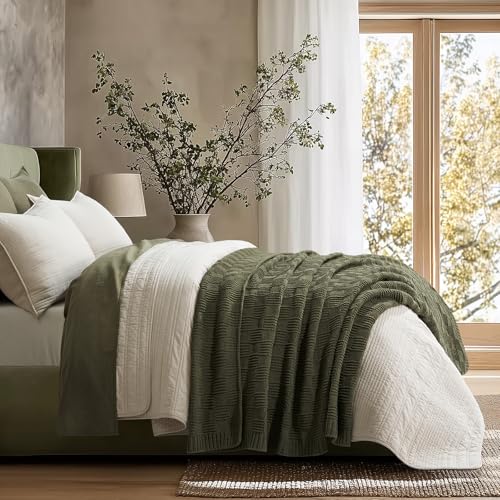 EVERGRACEHOME Modern Checkered Chenille Throw Blanket Soft Cozy Plaid Knitted Chair Blanket for Sofa Couch Decorative Knit Throw for Bed and Living Room Olive Green 50 x 60 - Image 3