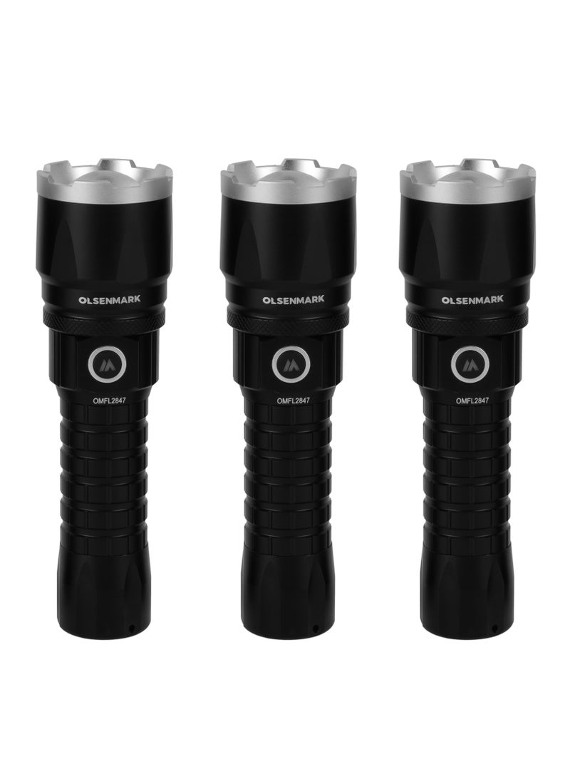 Olsenmark - Olsenmark 3-In-1 20W Cree LED Flashlight-OMFL2847 with Zoomable Light, USB Wire, All Weather Water Proof,  High Lumens  Type-C Charging, High Operation Time, 500 Meters Real Range Distance Made from Aircraft Aluminum Alloy, High Capacity Lithium Battery, Black Color, Life Time Warranty for LED - Image 1
