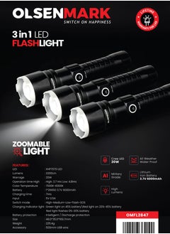 Olsenmark Olsenmark 3-In-1 20W Cree LED Flashlight-OMFL2847 with Zoomable Light, USB Wire, All Weather Water Proof,  High Lumens  Type-C Charging, High Operation Time, 500 Meters Real Range Distance Made from Aircraft Aluminum Alloy, High Capacity Lithium Battery, Black Color, Life Time Warranty for LED  - Image 2