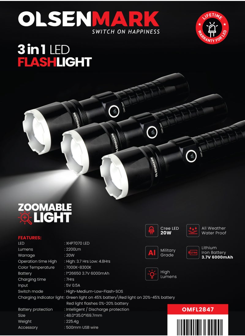 Olsenmark - Olsenmark 3-In-1 20W Cree LED Flashlight-OMFL2847 with Zoomable Light, USB Wire, All Weather Water Proof,  High Lumens  Type-C Charging, High Operation Time, 500 Meters Real Range Distance Made from Aircraft Aluminum Alloy, High Capacity Lithium Battery, Black Color, Life Time Warranty for LED - Image 1