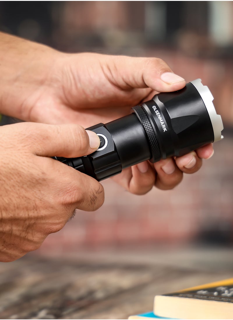 Olsenmark - Olsenmark 3-In-1 20W Cree LED Flashlight-OMFL2847 with Zoomable Light, USB Wire, All Weather Water Proof,  High Lumens  Type-C Charging, High Operation Time, 500 Meters Real Range Distance Made from Aircraft Aluminum Alloy, High Capacity Lithium Battery, Black Color, Life Time Warranty for LED - Image 1