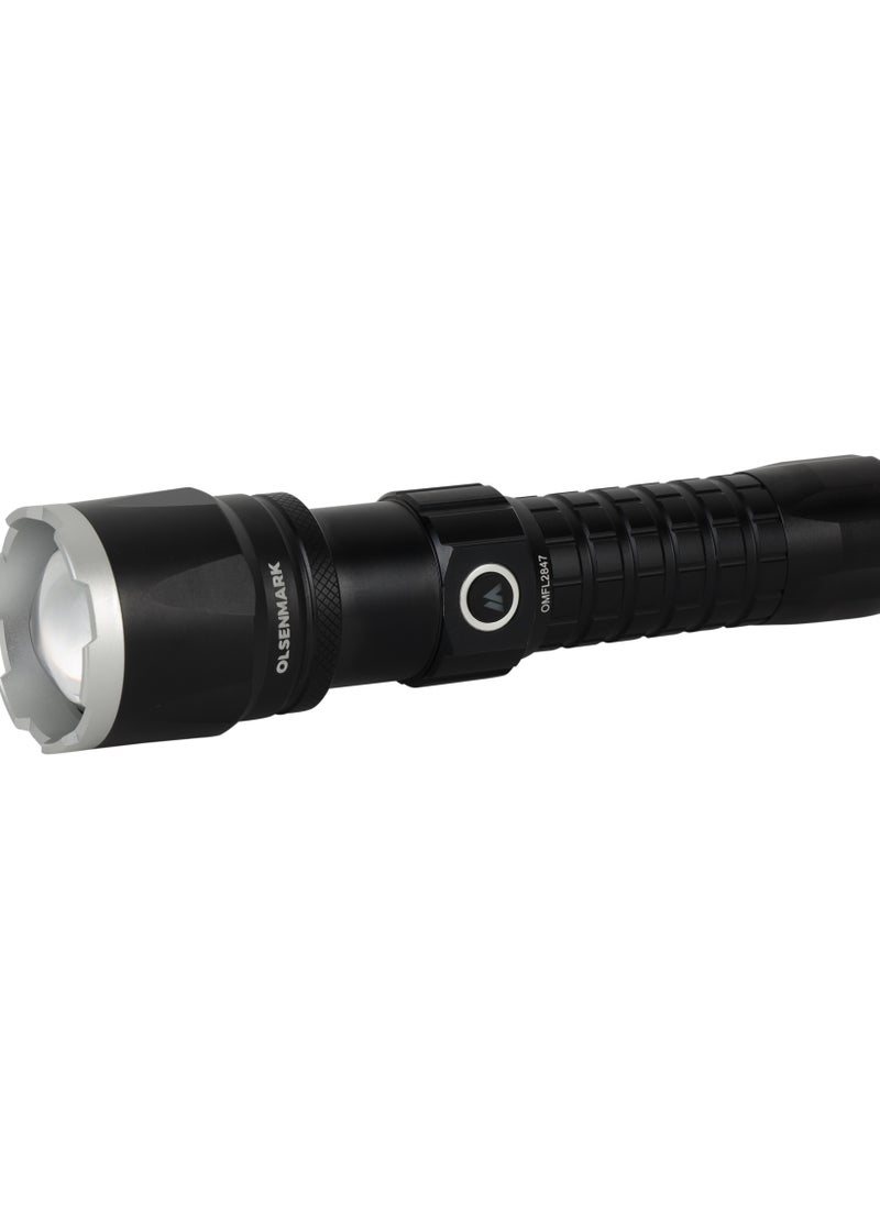 Olsenmark - Olsenmark 3-In-1 20W Cree LED Flashlight-OMFL2847 with Zoomable Light, USB Wire, All Weather Water Proof,  High Lumens  Type-C Charging, High Operation Time, 500 Meters Real Range Distance Made from Aircraft Aluminum Alloy, High Capacity Lithium Battery, Black Color, Life Time Warranty for LED - Image 1