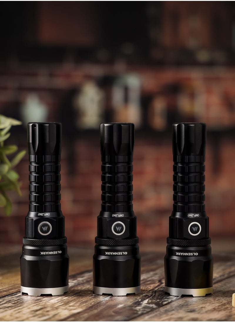 Olsenmark - Olsenmark 3-In-1 20W Cree LED Flashlight-OMFL2847 with Zoomable Light, USB Wire, All Weather Water Proof,  High Lumens  Type-C Charging, High Operation Time, 500 Meters Real Range Distance Made from Aircraft Aluminum Alloy, High Capacity Lithium Battery, Black Color, Life Time Warranty for LED - Image 1