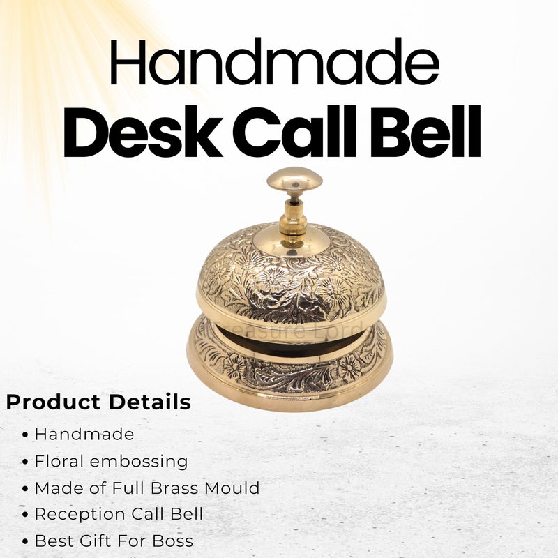 Treasure Lords Desk Bell Brass Vintage Floral Embossed Solid Brass Call Bell for Office Hotel and Counter DÃ©cor Antique Reception Bell with Traditional Artwork Loud Ring Service and Decorative Ornate Design - Image 2