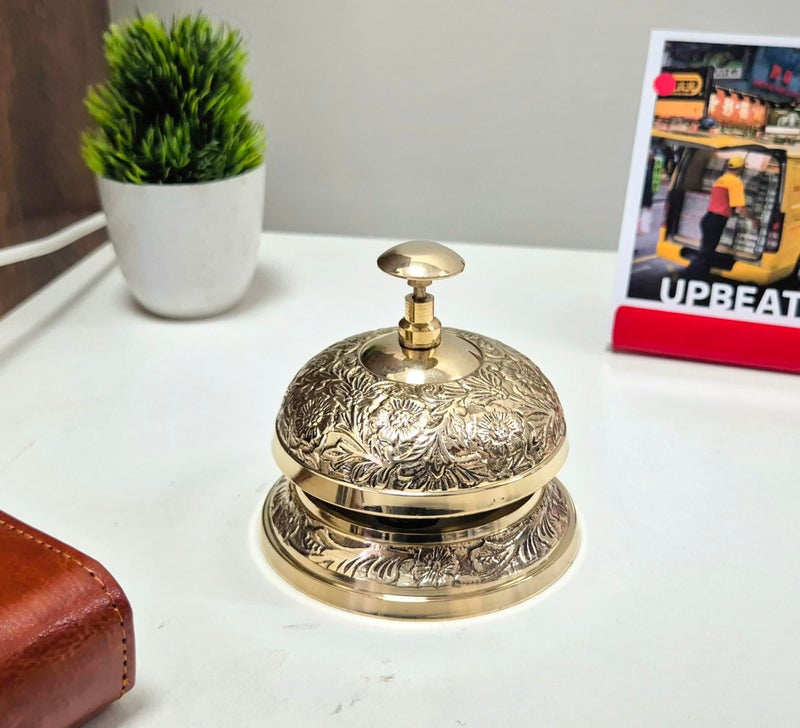Treasure Lords Desk Bell Brass Vintage Floral Embossed Solid Brass Call Bell for Office Hotel and Counter DÃ©cor Antique Reception Bell with Traditional Artwork Loud Ring Service and Decorative Ornate Design - Image 5