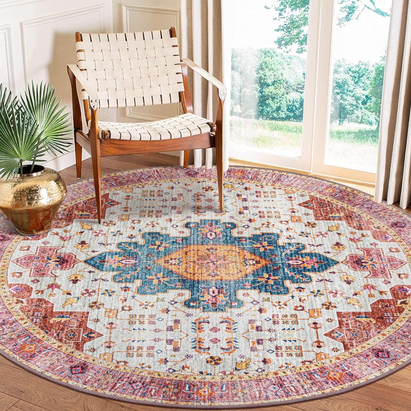 Moynesa UltraThin Washable Round Rug 6ft Pink Large Living Room Circle Area Rugs Vintage Dining Room Mat Stain Resistant Nursery Carpet for Bedroom Mudroom Kitchen Apartment Home Office