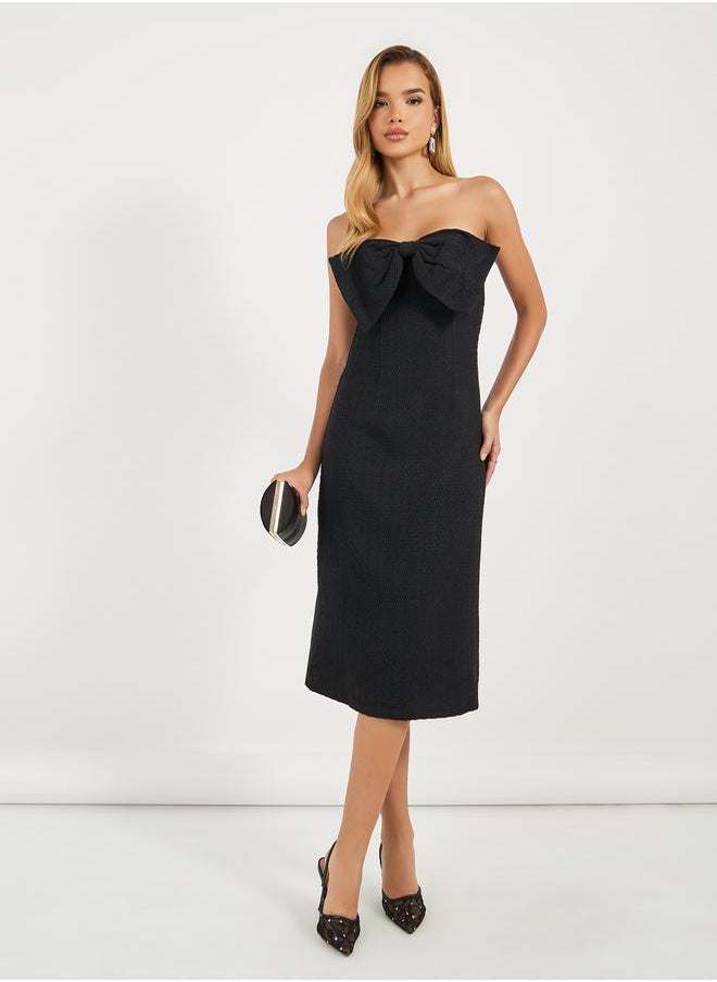 Styli Bow Detail Bandeau Neck Tweed Sheath Midi Dress  - Image 1