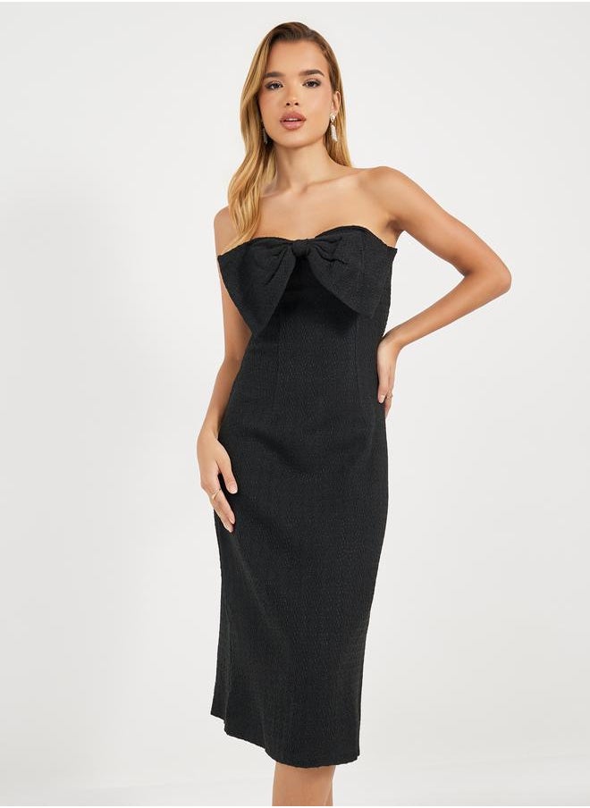 Styli Bow Detail Bandeau Neck Tweed Sheath Midi Dress  - Image 5