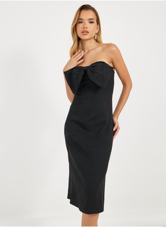 Styli Bow Detail Bandeau Neck Tweed Sheath Midi Dress  - Image 2