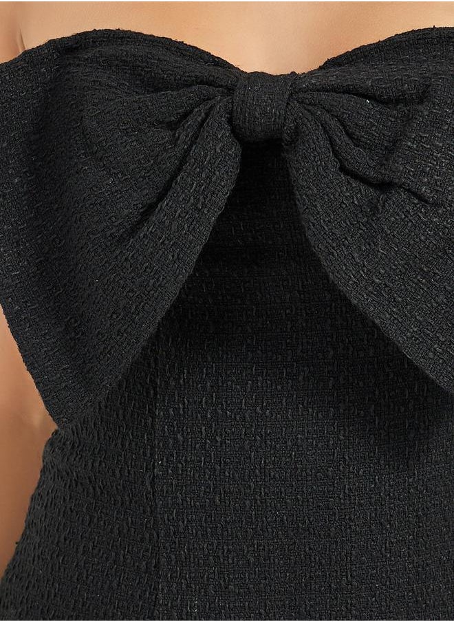 Styli Bow Detail Bandeau Neck Tweed Sheath Midi Dress  - Image 3