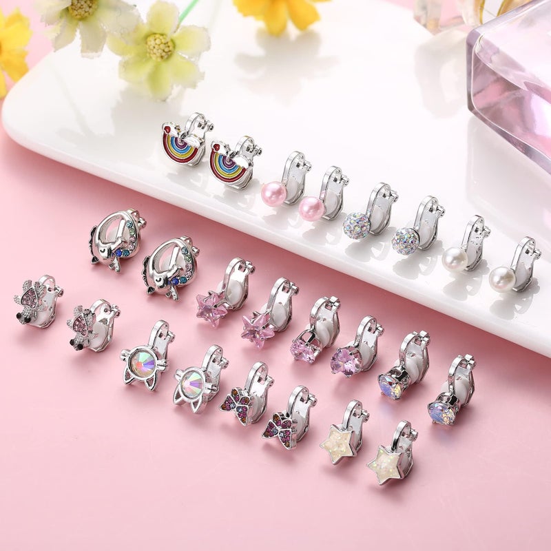 BESTEEL 12 Pairs Clip on Earrings for Girls Women Non Pierced, Hypoallergenic Fake Earring Set with Soft Rubber Pads, Cat Rainbow Butterfly Star CZ Pearl Jewelry Gifts Silver Easter Basket Stuffers - Image 5