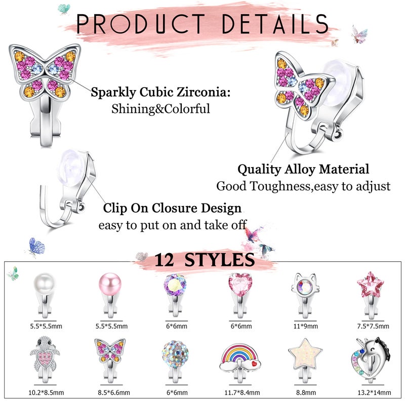 BESTEEL 12 Pairs Clip on Earrings for Girls Women Non Pierced, Hypoallergenic Fake Earring Set with Soft Rubber Pads, Cat Rainbow Butterfly Star CZ Pearl Jewelry Gifts Silver Easter Basket Stuffers - Image 2