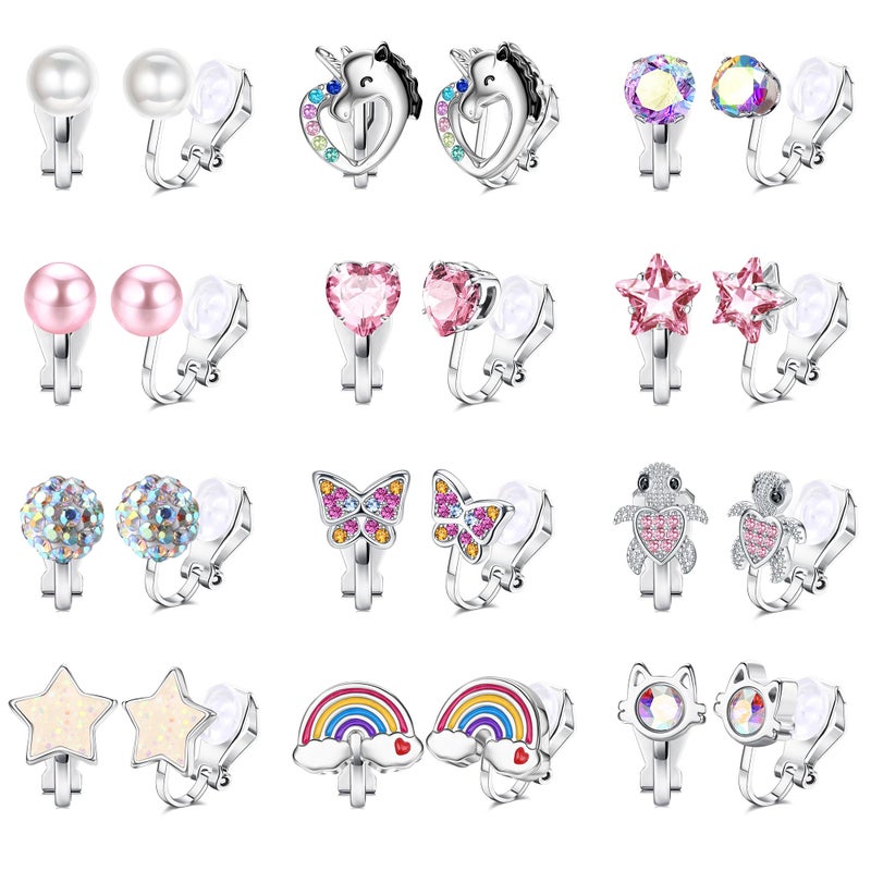 BESTEEL 12 Pairs Clip on Earrings for Girls Women Non Pierced, Hypoallergenic Fake Earring Set with Soft Rubber Pads, Cat Rainbow Butterfly Star CZ Pearl Jewelry Gifts Silver Easter Basket Stuffers - Image 1