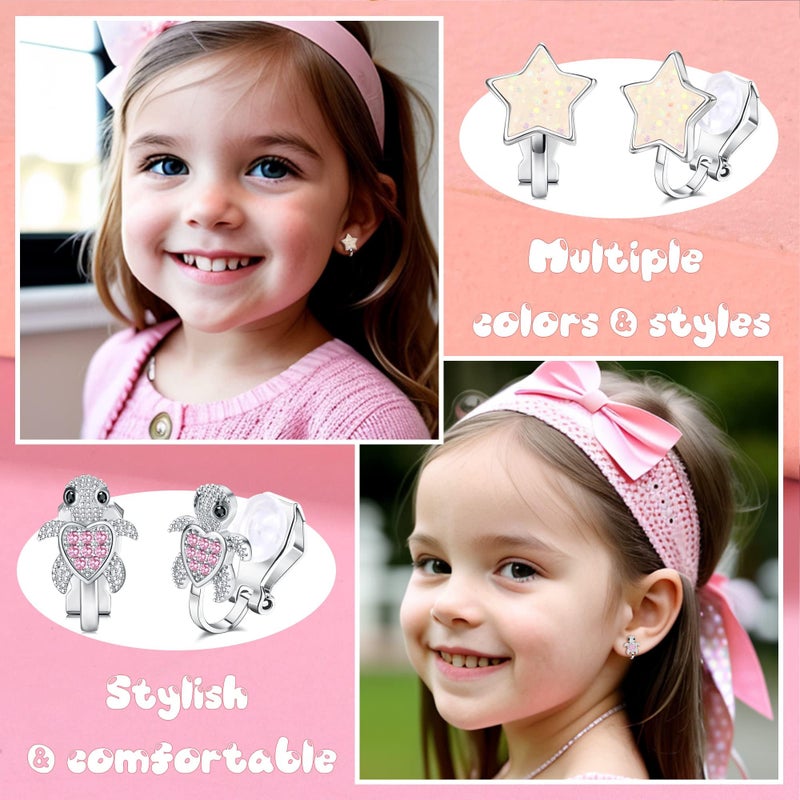 BESTEEL 12 Pairs Clip on Earrings for Girls Women Non Pierced, Hypoallergenic Fake Earring Set with Soft Rubber Pads, Cat Rainbow Butterfly Star CZ Pearl Jewelry Gifts Silver Easter Basket Stuffers - Image 3