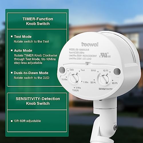 TREEWELL Motion Sensor, 180-Degree Replacement Motion Detector, Adjustable Time & Detection Sensitiity Up to 60 Feet Range, 3 Working Modes Pir Motion Sensor for Security Floodlight, White, UL Listed - Image 3