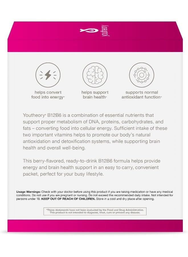 Youtheory Vitamin B12 B6, Daily Energy and Brain Support Supplement, Liquid Raspberry Flavor, 12 – 1oz Single Serving Packets - Image 4