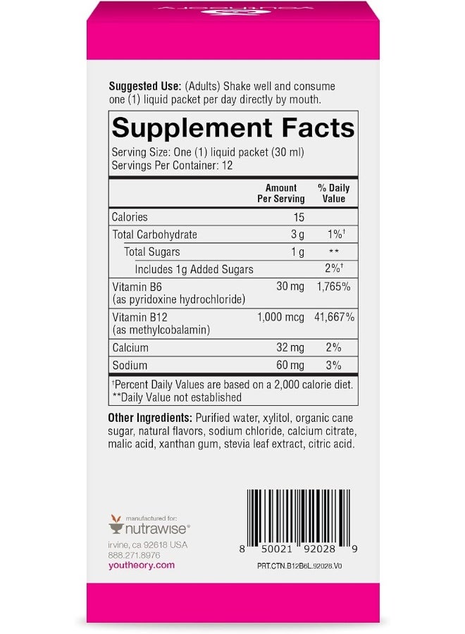 Youtheory Vitamin B12 B6, Daily Energy and Brain Support Supplement, Liquid Raspberry Flavor, 12 – 1oz Single Serving Packets - Image 3
