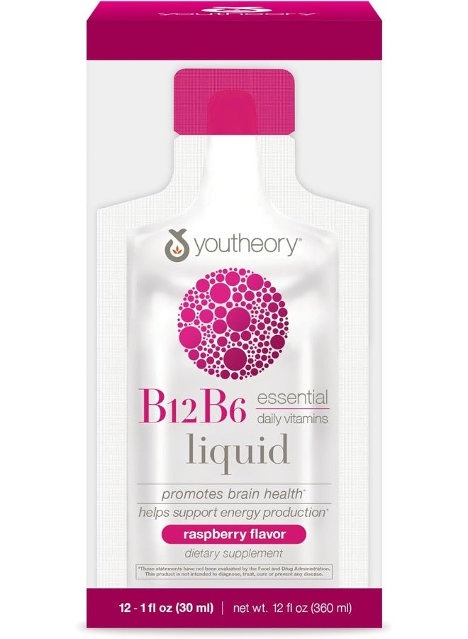 Youtheory Vitamin B12 B6, Daily Energy and Brain Support Supplement, Liquid Raspberry Flavor, 12 – 1oz Single Serving Packets - Image 1