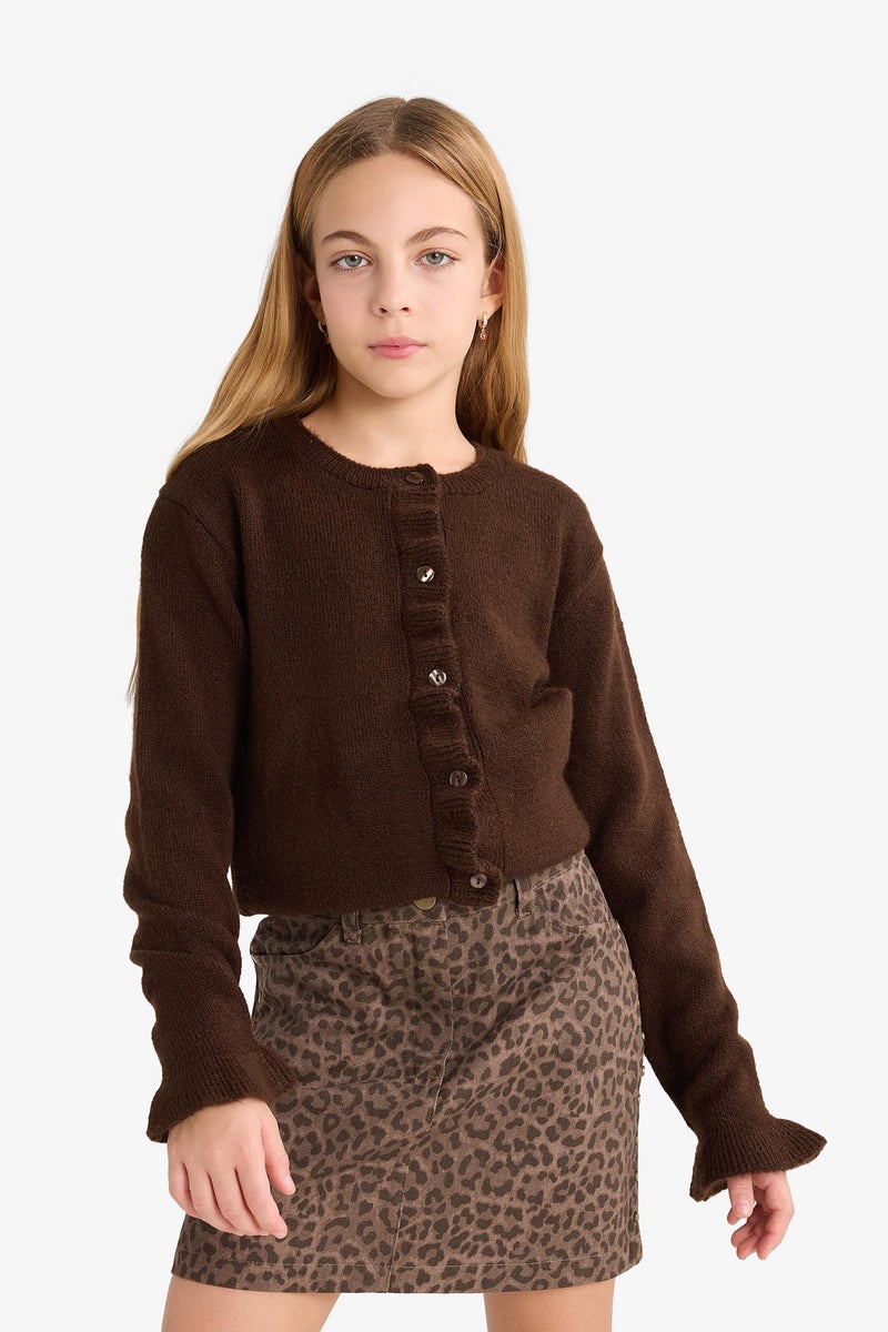 DeFacto Brown Girl Girl Crew Neck Cardigan Casual - Image 3