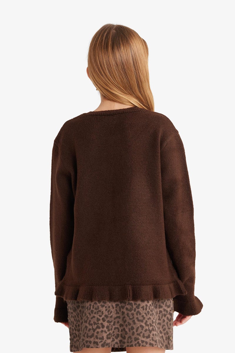 DeFacto Brown Girl Girl Crew Neck Cardigan Casual - Image 4
