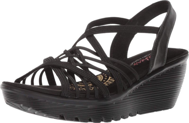 Skechers Women's Parallel-Crossed Wires-Multi Gore Slingback Sandal Wedge, Black, 8 M US