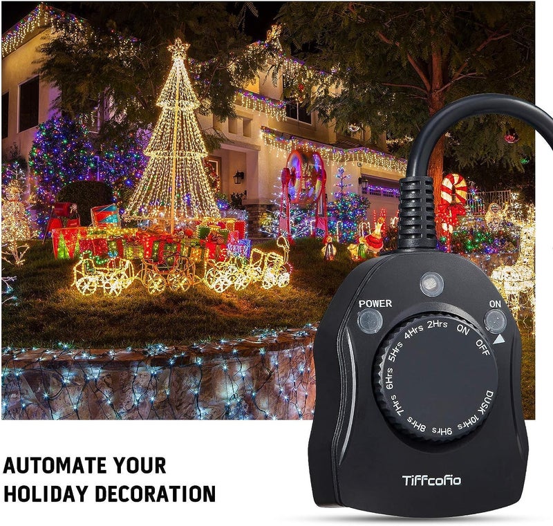 Tiffcofio Outdoor Christmas Light Timer, Dusk to Dawn Sensor Countdown, Outdoor Timers for Electrical Outlets Waterproof, 2 Grounded Outlets for Christmas Lights, 15A 1/2HP, CSA Listed (2 Pack) - Image 4