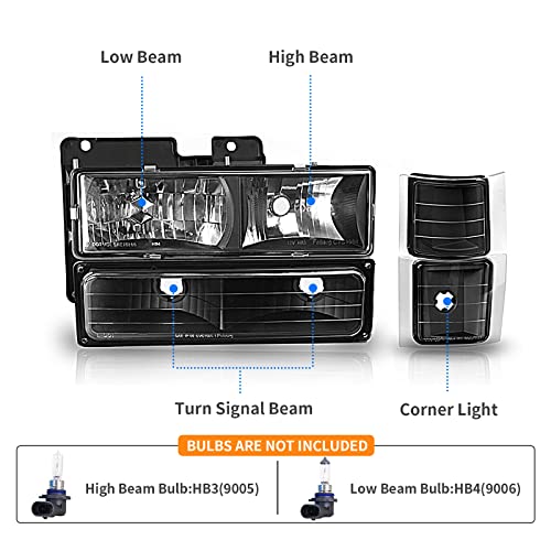 DWVO Headlight Assembly Compatible with 94-99 Chevy C/K C1500 C2500 C3500 K1500 K2500 K3500 Suburban 1995 1996 1997 1998 1999 Tahoe 1994 Blazer Headlamp w/Corner & Bumper Lights Black Housing - Image 2