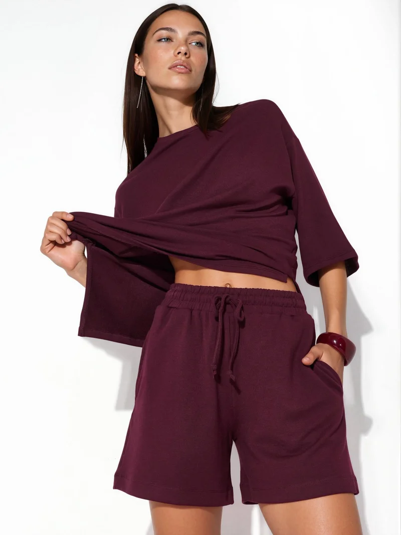 بوسيم BUSEM Mid-Waist Drawstring Sweat Shorts