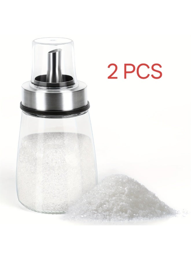 YUFAN 2 PCS 6oz Glass Sugar Dispenser with Pour Spout & Lid, Commercial Grade Sealed Sugar Shaker Jar for Coffee Bar, Tea, Baking, Airtight Sugar Container for Sugar, Honey, Syrup, Home Kitchen Accessory - Image 1
