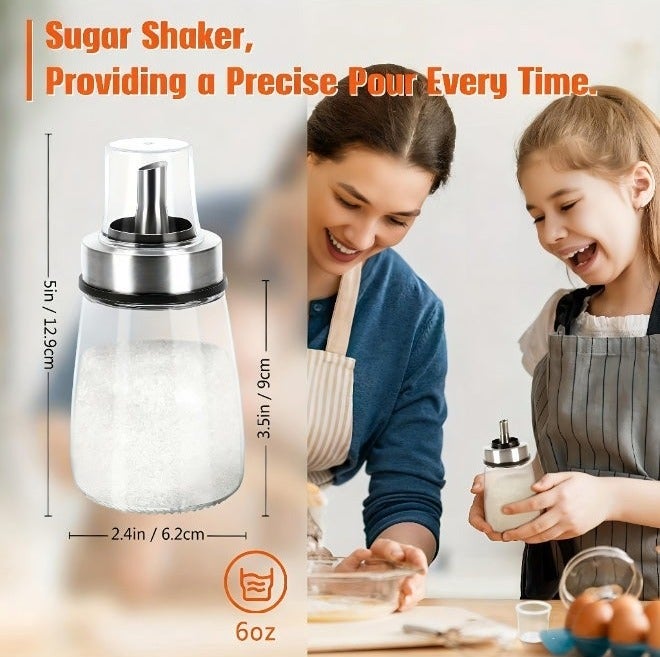YUFAN 2 PCS 6oz Glass Sugar Dispenser with Pour Spout & Lid, Commercial Grade Sealed Sugar Shaker Jar for Coffee Bar, Tea, Baking, Airtight Sugar Container for Sugar, Honey, Syrup, Home Kitchen Accessory - Image 2