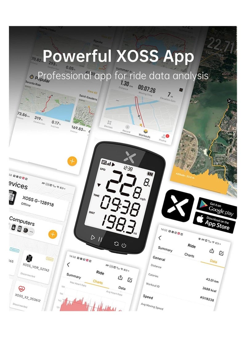 جهاز كمبيوتر دراجة GPS مع بلوتوث لاسلكي (دعم تطبيق XOSS) ، جهاز كمبيوتر للدراجات IPX7 مقاوم للماء قابل لإعادة الشحن مقياس سرعة الدراجة وعداد المسافات ببطارية تدوم 28 ساعة يناسب جميع الدراجات - Image 2