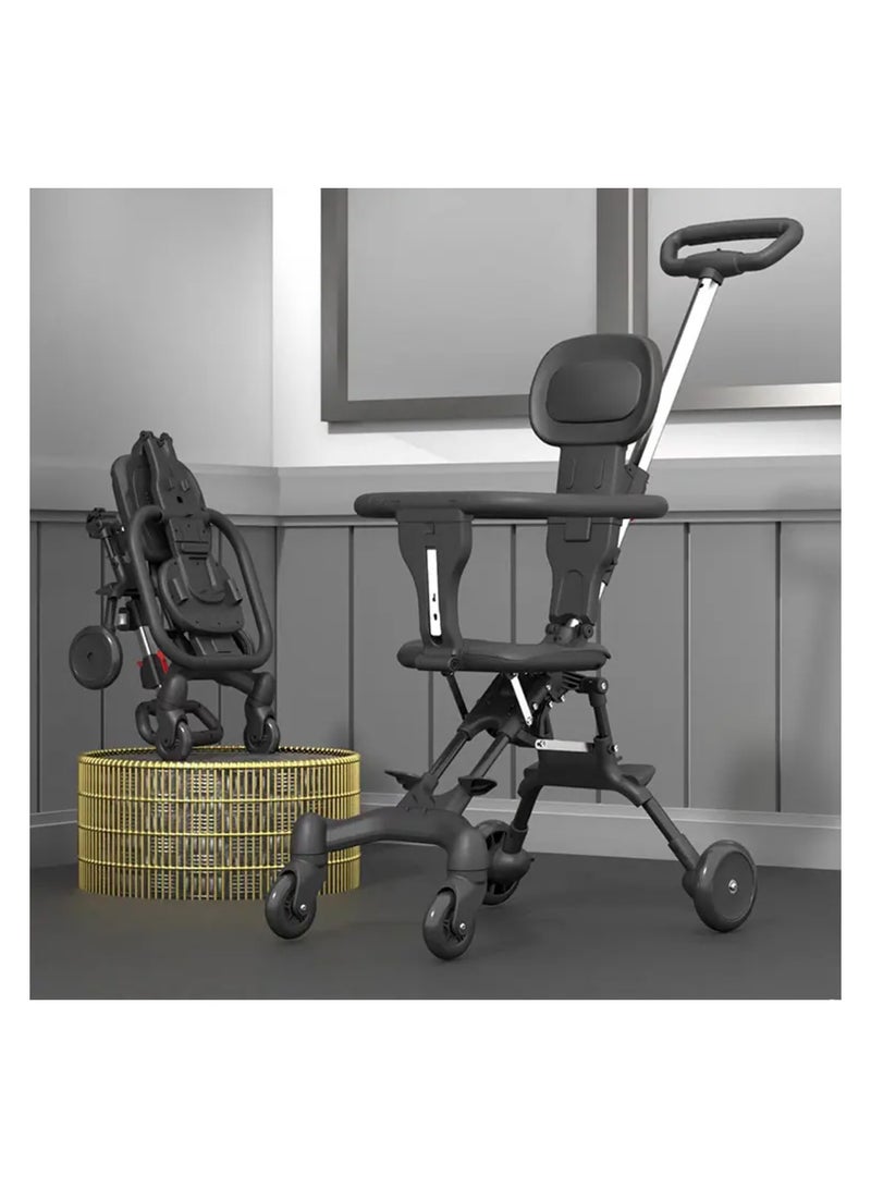 Foldable Four-wheeled Child Stroller, Lightly and easly Foldable Child Stroller, Suitable For 1-5 Years Old High Landscape Auxiliary Baby Artifact (BLACK) - Image 2