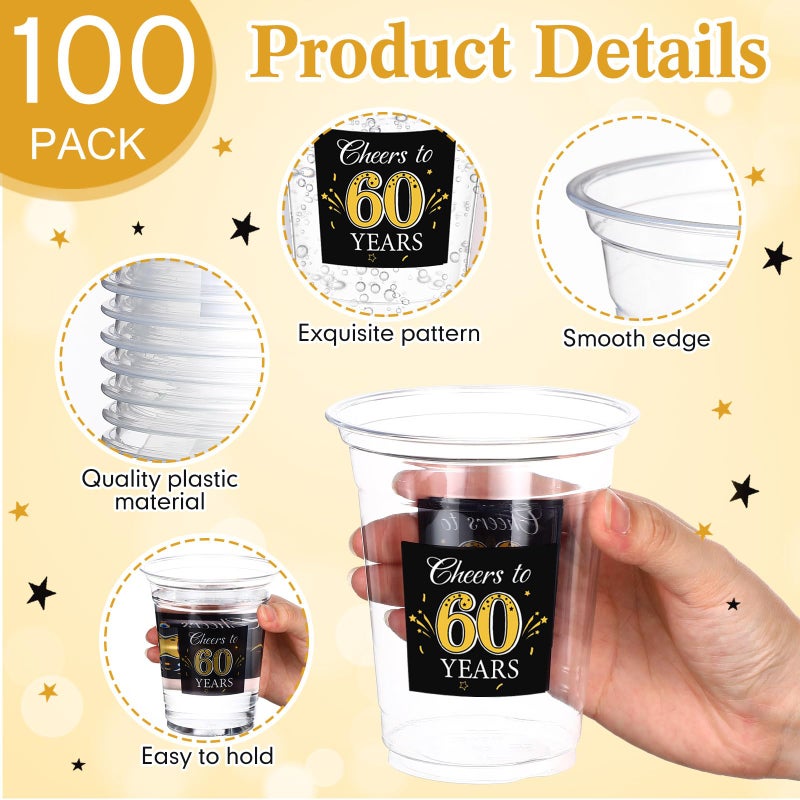 Funnymoom 100 Pack 60th Birthday Cup 12 oz Cheers to 60 Years Happy Birthday Disposable Clear Plastic Cups for Him Men Women Wedding Anniversary Decorations Party Favors - Image 1