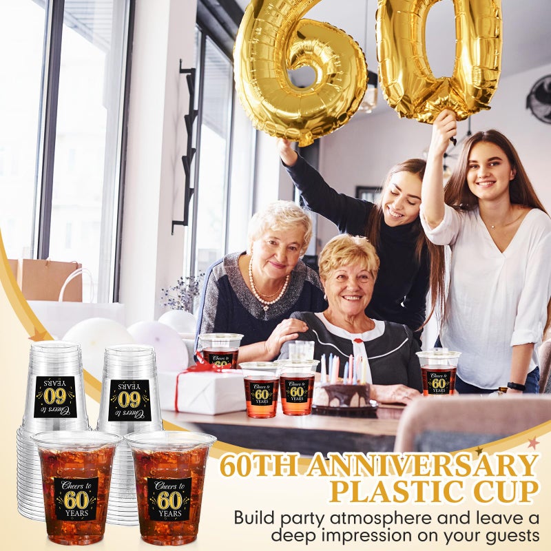 Funnymoom 100 Pack 60th Birthday Cup 12 oz Cheers to 60 Years Happy Birthday Disposable Clear Plastic Cups for Him Men Women Wedding Anniversary Decorations Party Favors - Image 3