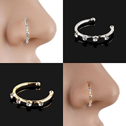 Greendou Fashion Jewelry Gold/Silver Thin Four Diamond Clear Crystal Nose Ring Stud Hoop-Sparkly Crystal Nose Ring (Silver) - Image 2