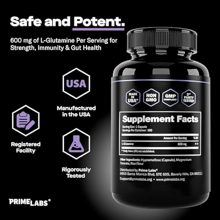 Prime Labs L Glutamine Capsules 600mg - Supports Strength, Muscle Recovery, Immunity, & Gut Health - Amino Acid Supplement - for Men & Women - Image 5